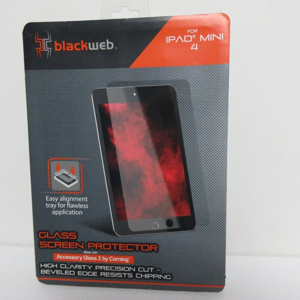Black Web Glass Screen Protector For Ipad Mini 4 W/ Easy Alignment Tray NEW